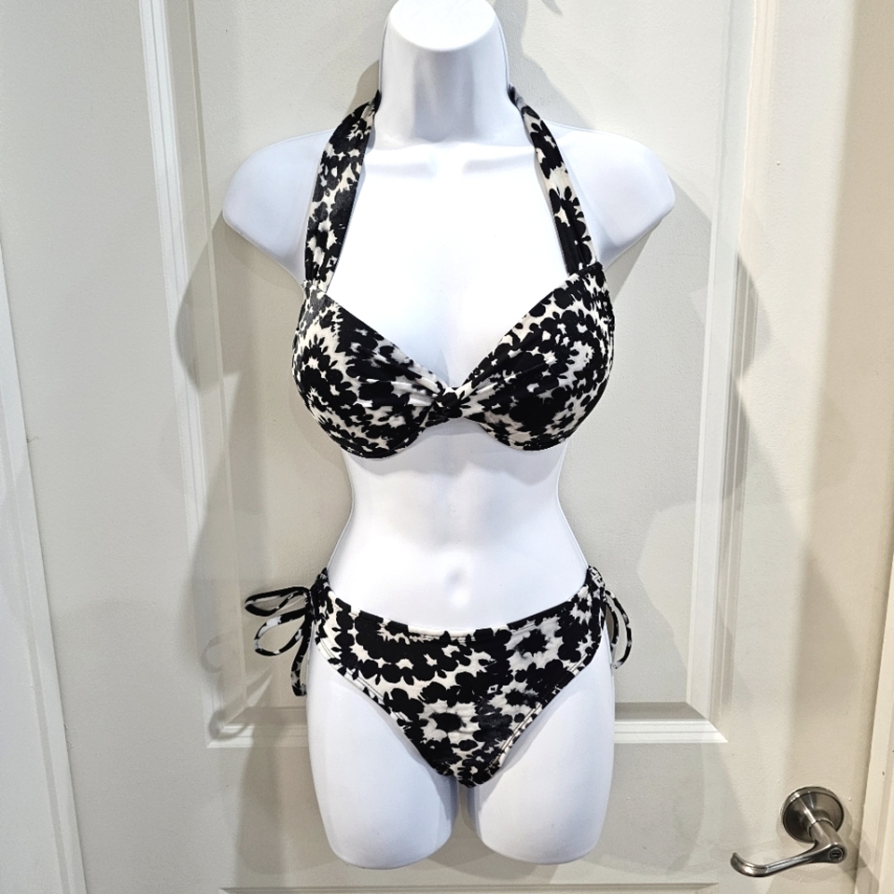 Bisou Bisou ✦ Tie Dye Bikini Set ✦ Black White Mineral Wash Twist Halter L M